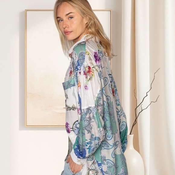 POL Floral Print Button Down Blouse Lightweight Oversized Bohemian Top - Picture 6 of 8